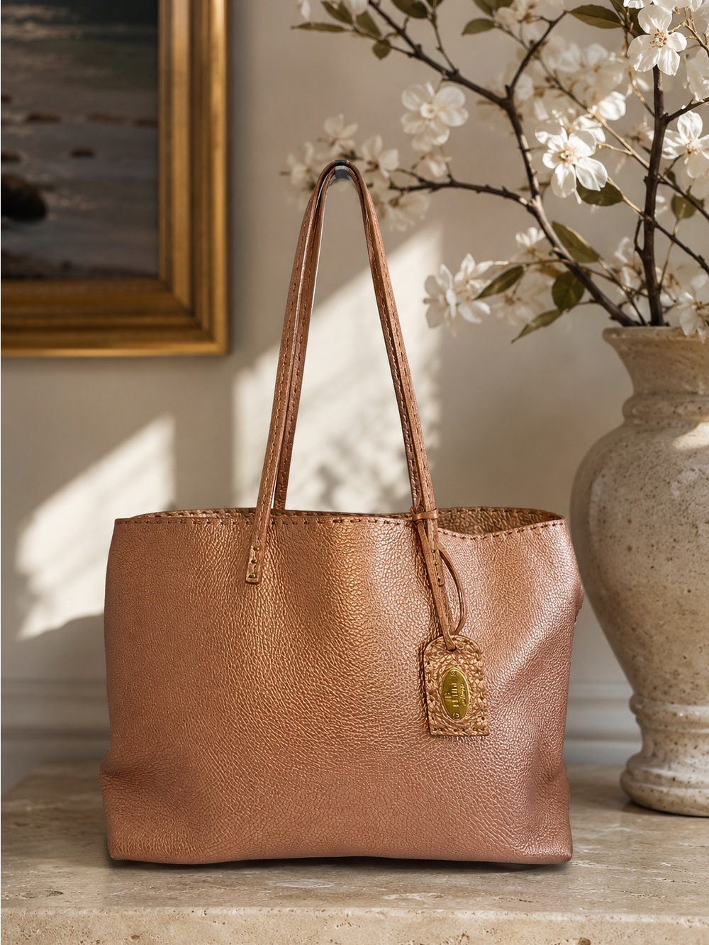 Fendi Selleria Metallic Rose Gold Leather Tote